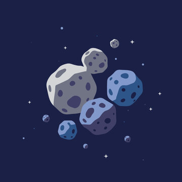 A collection of stylized cartoon asteroids and meteoroids with craters drifting in a cluster through the dark expanse of deep space