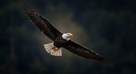 Obraz premium Majestic Bald Eagle Soaring Through the Forest Canopy.