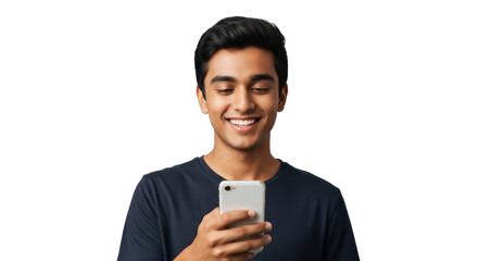 Young man joyfully smiles while holding a modern smartphone, experiencing digital connection and mobile discovery
