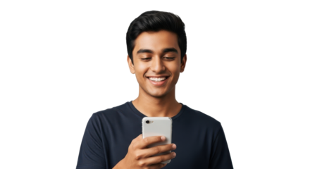 Young man joyfully smiles while holding a modern smartphone, experiencing digital connection and mobile discovery