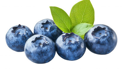 Fototapeta premium A close up of five blueberries with green leaves setting on transparent background