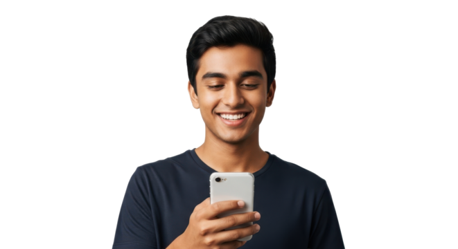 Young man joyfully smiles while holding a modern smartphone, experiencing digital connection and mobile discovery
