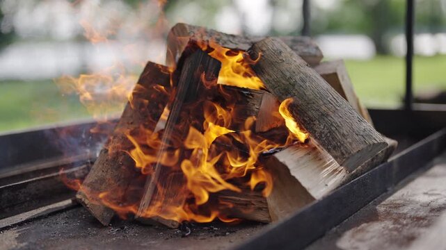 Close-up of firewood burning intensely to prepare embers for a traditional Argentine asado.