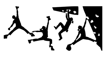 Female Rock Climbing Silhouettes Set, Dynamic Bouldering Poses Vector, Wall Climbing Action Figures