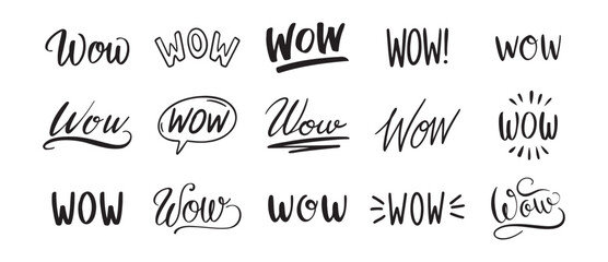 word WOW hand drawn lettering phrase or quote set. wow modern freehand style isolated on white background for print clipart.