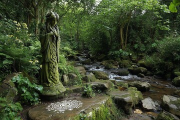 Mystical ancient stone statue amidst lush green forest beside flowing stream, evoking serene natural beauty and spiritual tranquility