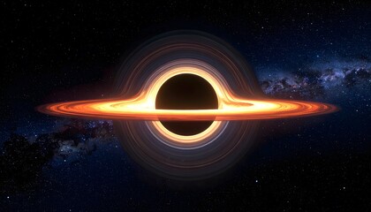 A black hole with a glowing accretion disk surrounded by a dark, starry cosmos.