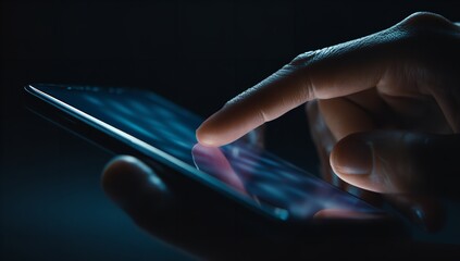 Close up of a finger touching a smartphone screen in a dark, modern environment, highlighting digital interaction