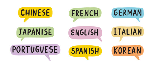 English, Chinese, German Learn new language. French, Italian, Spanish lettering doodle hand drawn text. Japanese, Portuguese, Korean speech bubble set.