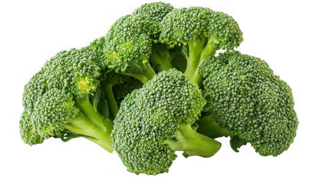 A close up view of several heads of fresh broccoli florets against a black background image scene on transparent background