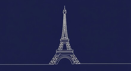 Minimalist White Line Drawing of the Eiffel Tower on a Dark Blue Background.