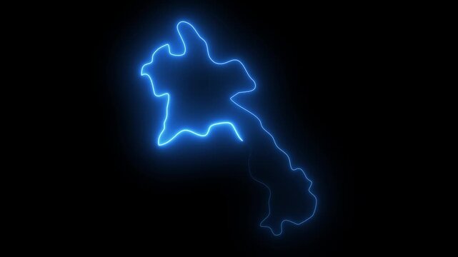 Neon blue outline map of Laos glowing on black background abstract digital animation Laos map outline