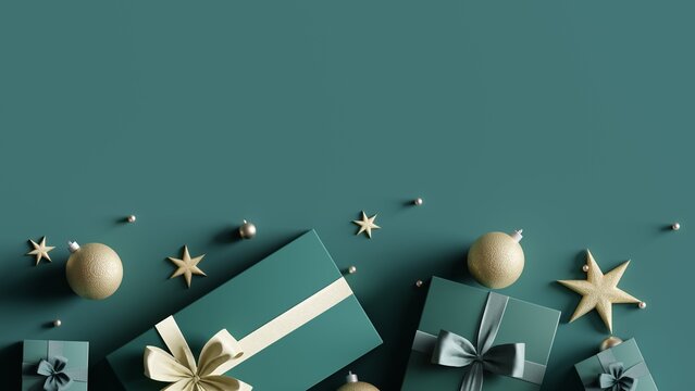 Christmas decorations with gift box on green background. 3d rendering