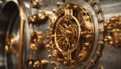 Intricate golden vault door mechanism with detailed gears and polished metal reflecting luxury and security for financial concepts