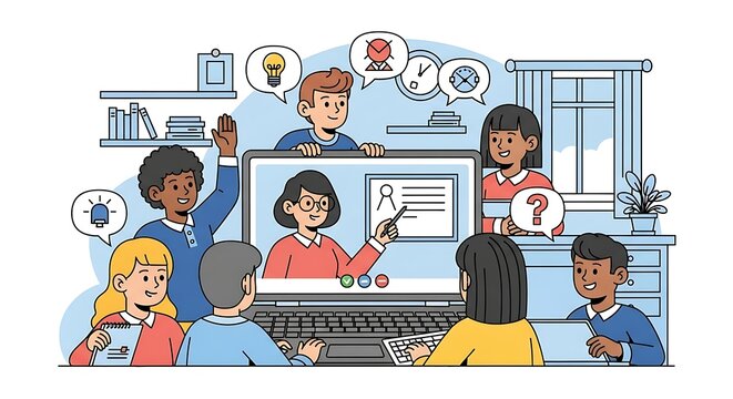 Online learning session with diverse students and teacher on laptop.