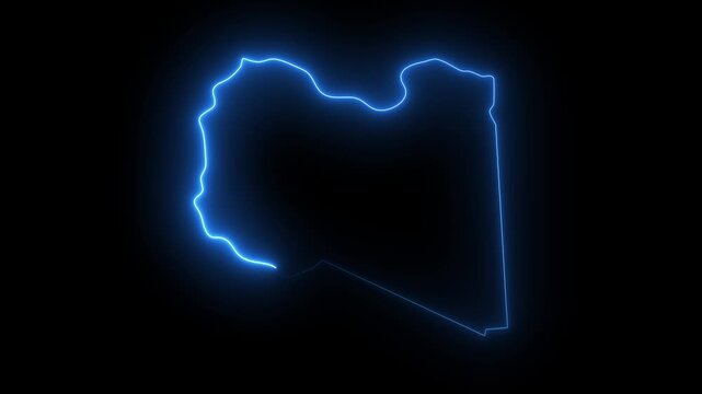 Libya map outline glowing neon blue digital animation on black background abstract country shape energy connection