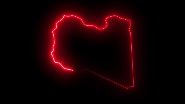 Libya map outline glowing red neon light on black background abstract digital representation Libya outline