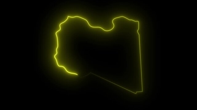 Libya outline map glowing neon yellow abstract digital animation on black background national borders country shape geographic representation