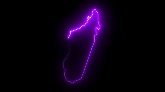 Madagascar outline neon glow digital animation purple light on black background map geography country location travel exploration