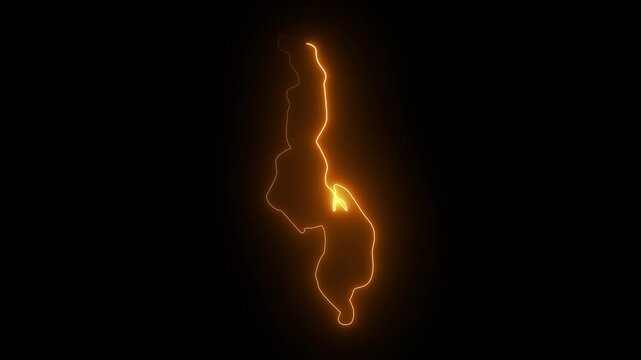 Malawi country map outline glowing neon orange light abstract animation on black background digital representation of African nation borders