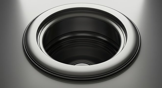 Modern stainless steel kitchen sink drain hole close up.