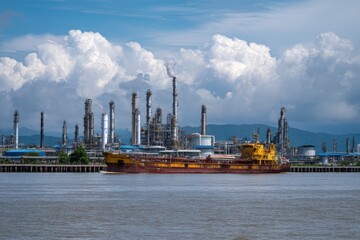 Large oil refinery complex with multiple chimneys and pipelines, featuring docked cargo tankers along the waterfront under cloudy skies.