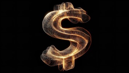 Dynamic glowing dollar sign symbol crafted from abstract light trails in vibrant golden hues on a dark background