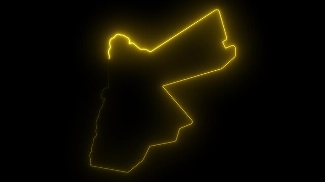 Jordan map outline glowing neon yellow digital animation on black background country silhouette borders geographic location Middle East nation abstract representation