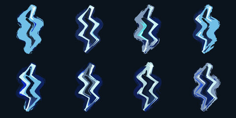 Collection of eight abstract blue lightning bolt symbols with a brush stroke effect on a dark background