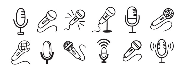 Naklejka na ściany i meble microphone icon doodle hand drawn set. Outline drawing microphone line clipart symbol collection
