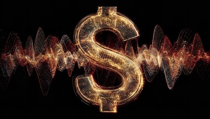 Dynamic glowing dollar sign radiates energy amidst abstract sound waves, symbolizing financial power and innovation in a modern digital world