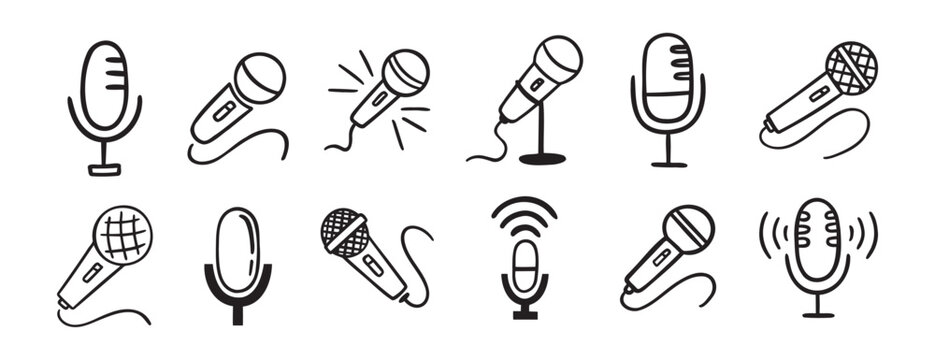 microphone icon doodle hand drawn set. Outline drawing microphone line clipart symbol collection