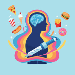 Illustration depicting a person's brain with food items and a syringe, representing addiction and cravings.