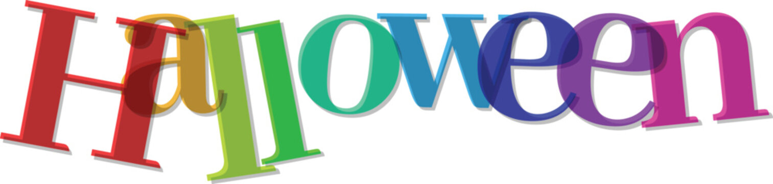 Colorful overlapping letters spell out the word Halloween text lettering