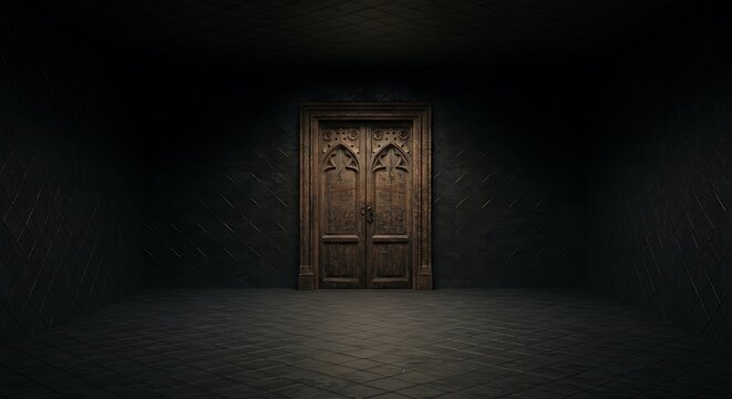 Empty square room with Old renaissance door diamond textures on wall