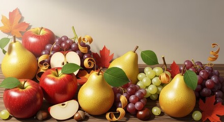Abundant Harvest of Fresh Fruits and Autumn Leaves.