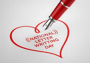 Red fountain pen drawing a heart around national letter writing day text
