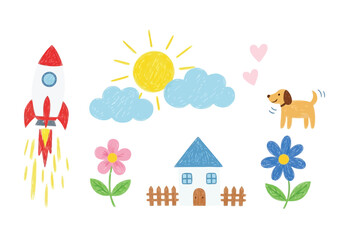 Vector illustration of childrens drawing of a rocket, sun, clouds, dog, house, and flowers
