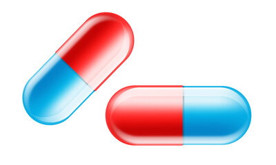 red and blue capsules isolated on white background