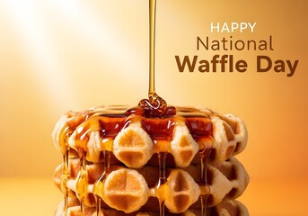 Happy National Waffle Day celebration with stack of waffles and maple syrup, sweet breakfast food concept background.