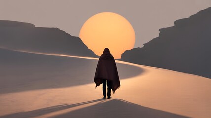 A lone wanderer walks a desert path towards a vast sun, symbolizing a journey of discovery and resilience against the elements