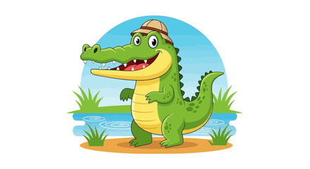 Fototapeta premium Delightful cartoon alligator with a safari hat, perfect for children's books or educational materials, evoking fun and adventure in the wild
