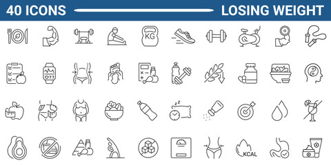Set of outline icons related to diet, lose weight, nutrition. Linear icon collection. Editable stroke. Vector illustration