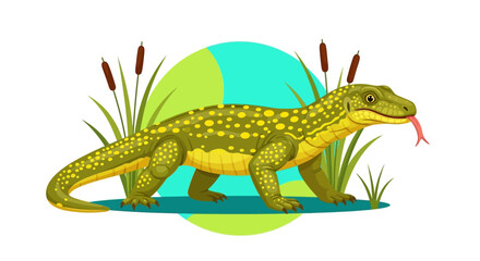 Fototapeta premium Adorable cartoon Komodo dragon with tongue out walking through the marsh near cattails makes a fun design for kids' learning materials