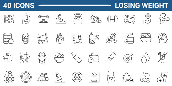 Set of outline icons related to diet, lose weight, nutrition. Linear icon collection. Editable stroke. Vector illustration