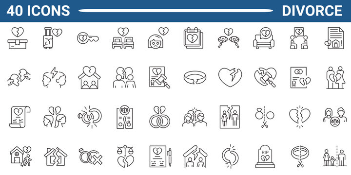 Set of outline icons related to divorce. Linear icon collection. Editable stroke. Vector illustration
