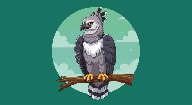 Stunning harpy eagle perched on a branch is a majestic and powerful symbol of nature's beauty in this eye catching cartoon illustration