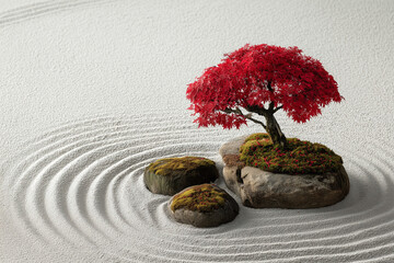 Crimson Leaf Tree Oriental Garden Raked Sand