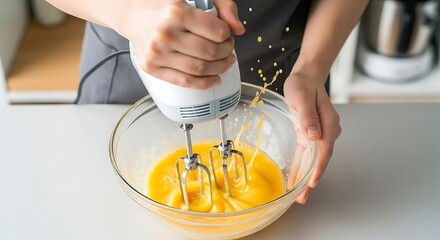 Hands mixing eggs in a glass bowl with an electric mixer.
