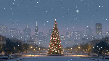 Decorated christmas tree in city park with snow falling at night time